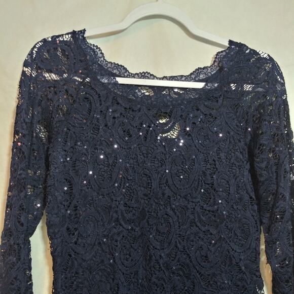 My Michelle Navy Blue Lace & Sequin Bodycon Dress Event Classic Size L - Picture 2 of 8